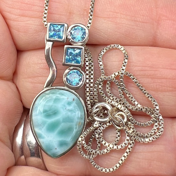 VINTAGE LARIMAR BLUE TOPAZ LARGE PENDANT NECKLACE CHAIN 925 STERLING SILVER